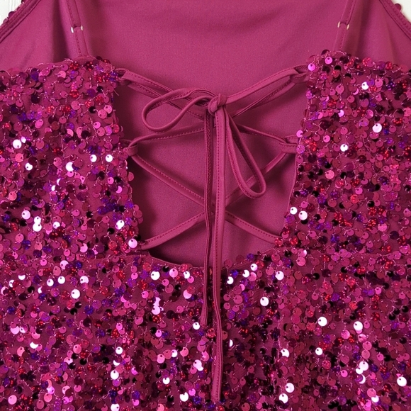 Wild Fable Sequined Sleeveless Lace Up Back Mini Party Dress Magenta Pink Medium - Picture 14 of 15